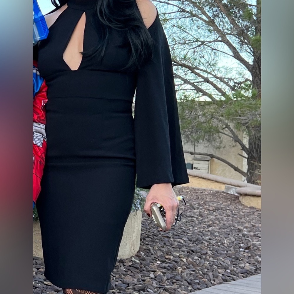 BARDOT COLD SHOULDER BELL SLEEVE BLACK PARTY DRESS